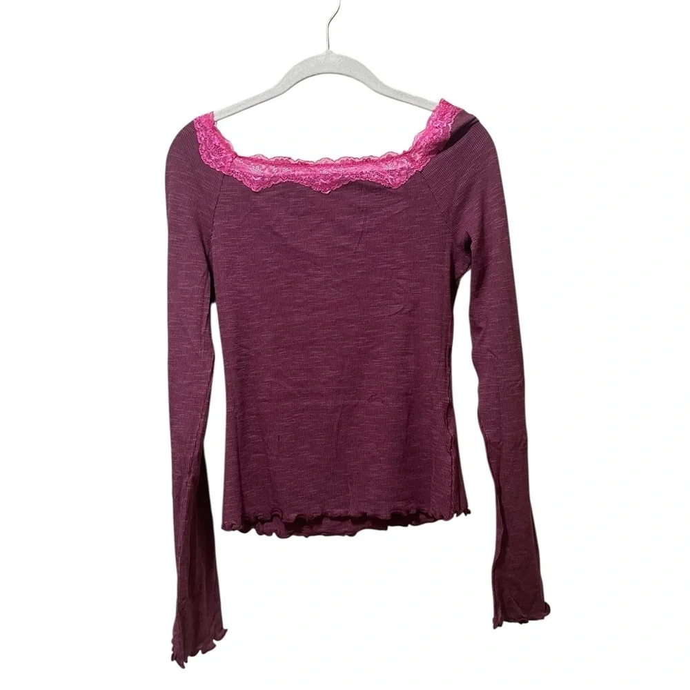 Free People Oh My Darling Purple Lace Trim Cottagecore Boho Shirt L NWT
